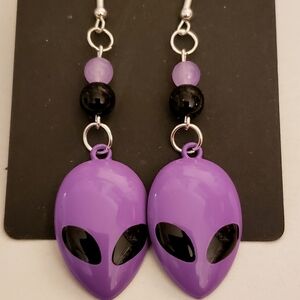 Handmade Beaded Metal Purple Alien Earrings
